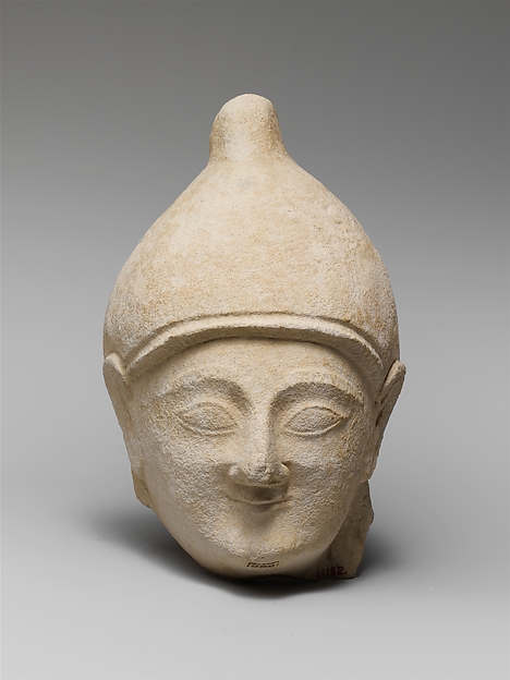 Limestone head of a man wearing a helmet by an unrecorded maker, The Metropolitan Museum of Art