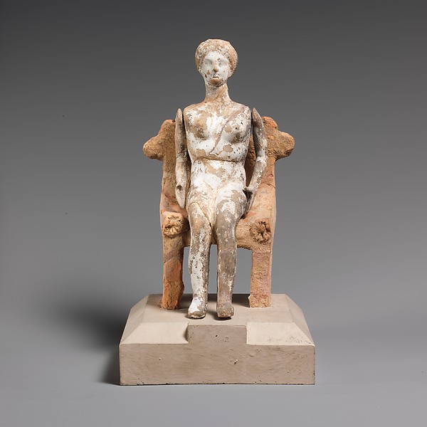 Terracotta figurine of a young woman with articulated arms seated on a chair by an unrecorded maker, The Metropolitan Museum of Art