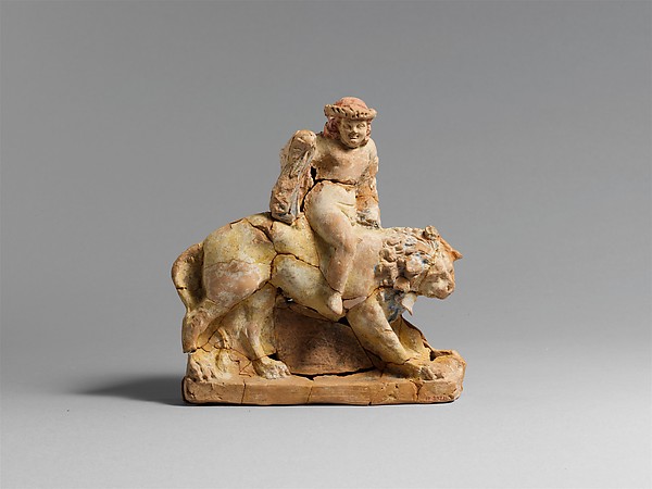 Terracotta statuette of Eros on a lion by an unrecorded maker, The Metropolitan Museum of Art