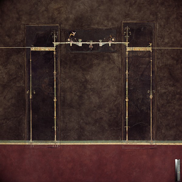 Wall painting on black ground: supports with entrablature, from the imperial villa at Boscotrecase