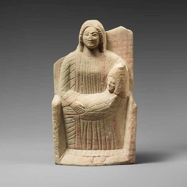 Seated limestone kourotrophos by an unrecorded maker, The Metropolitan Museum of Art