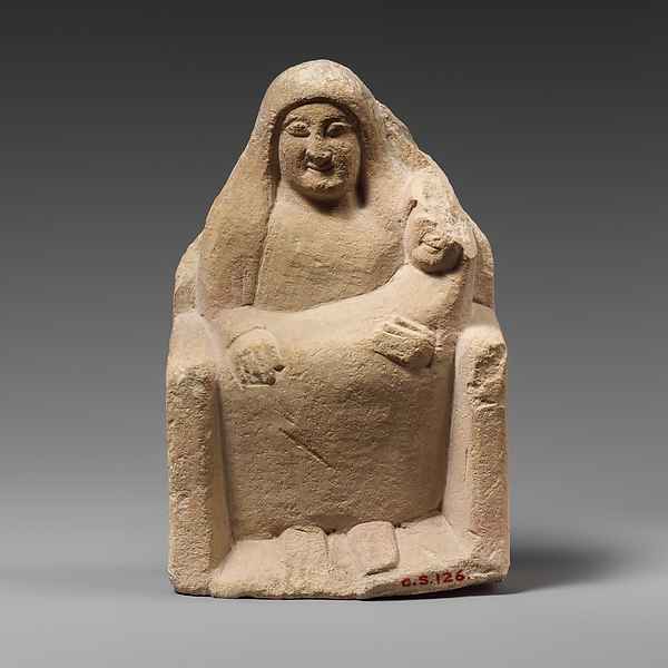 Seated limestone kourotrophos by an unrecorded maker, The Metropolitan Museum of Art