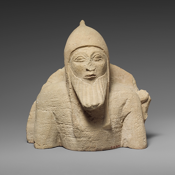 Upper part of a limestone warrior from a chariot group by an unrecorded maker, The Metropolitan Museum of Art
