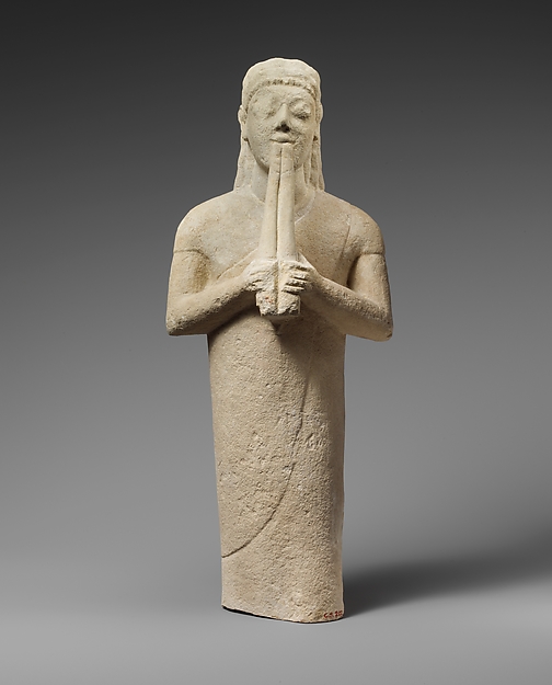 Limestone statuette of a male aulos player by an unrecorded maker, The Metropolitan Museum of Art
