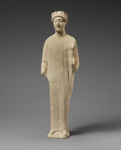 Limestone statuette of a beardless male votary with a wreath of leaves by an unrecorded maker, The Metropolitan Museum of Art