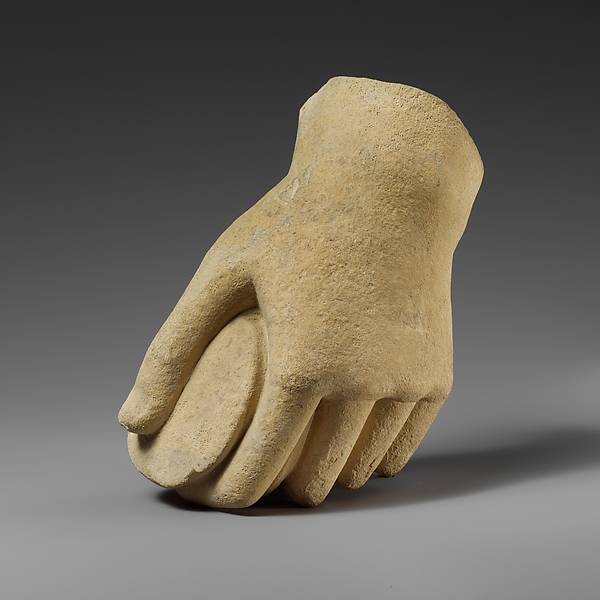 Limestone hand holding a pyxis by an unrecorded maker, The Metropolitan Museum of Art