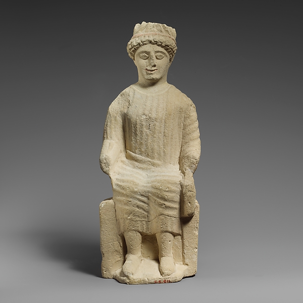 Limestone statuette of a seated beardless male votary by an unrecorded maker, The Metropolitan Museum of Art