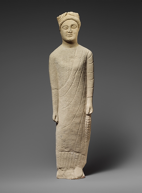 Limestone statuette of a beardless male votary with a wreath of leaves by an unrecorded maker, The Metropolitan Museum of Art