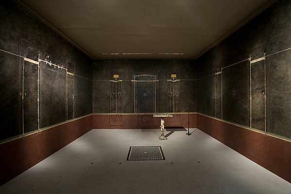Wall painting on black ground: supports with entablature, from the imperial villa at Boscotrecase
