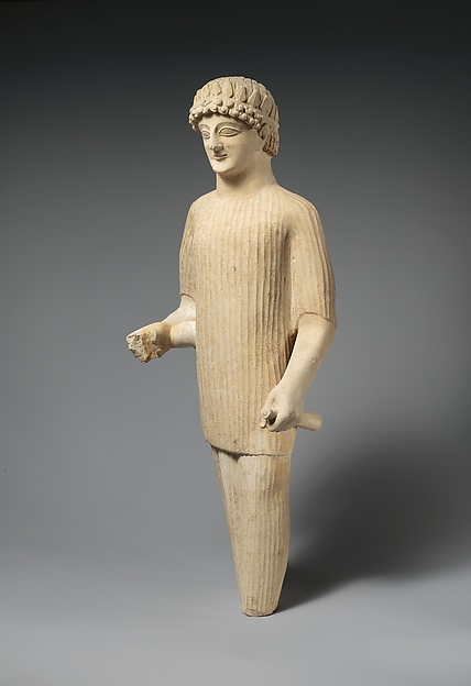 Limestone statue of a male votary wearing a wreath and long tunic by an unrecorded maker, The Metropolitan Museum of Art