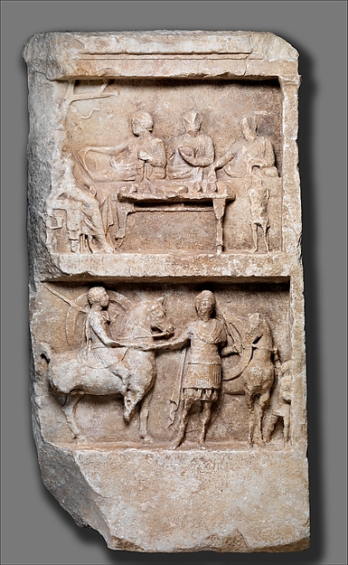Marble grave relief with a funerary banquet and departing warriors