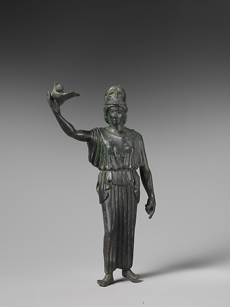 Bronze statuette of Athena flying her owl by an unrecorded maker, The Metropolitan Museum of Art