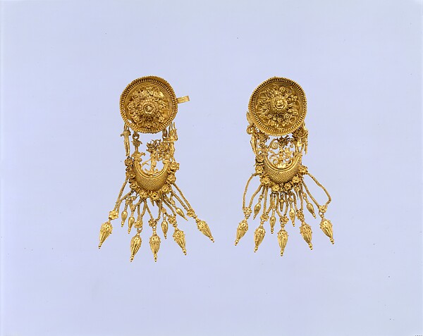 Pair of gold earrings with disk and boat-shaped pendant