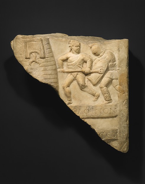 Marble relief fragment with gladiators, 1st–3rd century CE