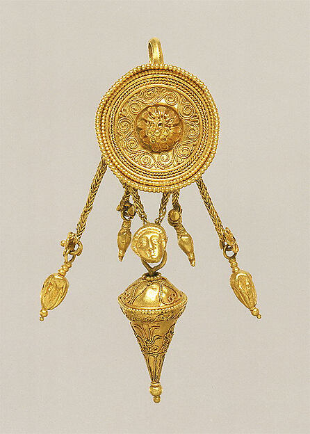 Gold disk earring with a female head and cone pendants by an unrecorded maker, The Metropolitan Museum of Art