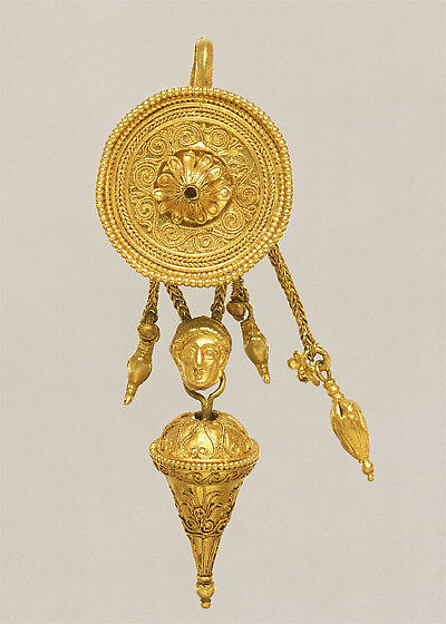 Gold disk earring with a female head and cone pendants by an unrecorded maker, The Metropolitan Museum of Art