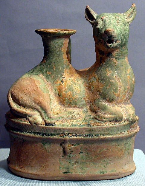 Terracotta askos in the shape of a reclining dog by an unrecorded maker, The Metropolitan Museum of Art