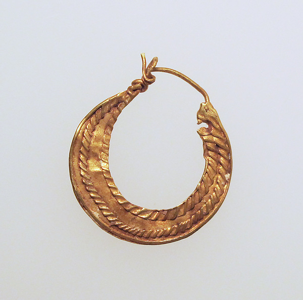 Earring, crescent-shaped, decorated