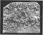 Frieze Tile with Two Hunters, Stonepaste; molded, inglaze painted in blue and turquoise, luster-painted on opaque white glaze