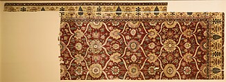 Fragments of a Carpet with Lattice and Blossom Pattern, Silk (warp and weft), pashmina wool (pile); asymmetrically knotted pile