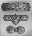 Girdle Clasp, Silver, glass, pearl, and gold thread