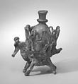 Flask, Glass; free blown, applied decoration, tooled on the blow-pipe