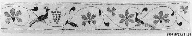 Border, Cotton; embroidered in silk and silver-gilt tinsel