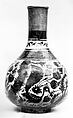 Bottle, Stonepaste; luster-painted on opaque blue glaze under transparent colorless glaze; gilt copper
