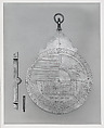 Planispheric Astrolabe, Muhammad Zaman al-Munajjim al-Asturlabi (Iranian, active 1643–1689), Brass and steel; cast and hammered, pierced and engraved