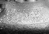 Ewer with Inscription, Horsemen, and Vegetal Decoration, `Umar ibn al-Hajji Jaldak, Brass; inlaid with silver and black compound