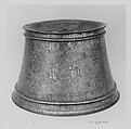 Candlestick with Enthronement Scene, Brass; engraved, incised, inlaid with silver