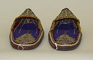 Slippers, Leather, metal wrapped thread, velvet, pearls; embroidered