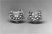 Earrings, Gold; filigree and cloisonné enamel