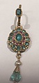 Earring, One of a Pair, Gold, emerald, ruby, champlevé enamel, and pearl