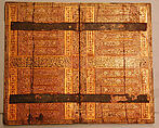 Painted and Inlaid Game Board, Wood; painted, varnished and gilded; with metal hinges