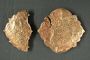 Jewelry Elements, Gold sheet; worked, chased, and set  with turquoise, gray chalcedony, and glass