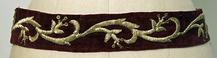 Belt, Cotton, metal wrapped thread, metal; embroidered