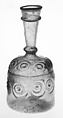 Bottle with Impressed Decorations, Glass, greenish yellow; blown in two parts, impressed with tongs, applied blue rim