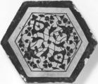 Hexagonal Tile, Earthenware; painted in black on a white ground under green glaze with traces of overglaze gold