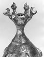 Bottle with Sprinkler Top, Quaternary alloy; cast, engraved, inlaid with silver and copper