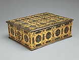 Writing Box with Lattice and Flower Design, Wood; overlaid with dyed wool, stamped silver and gilt-copper plaques