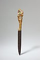 Rock-Crystal Knife with Jeweled Parrot, Steel, gold set with rubies and emeralds, rock crystal.