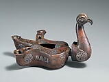 Bird-Shaped Oil Lamp, Bronze; cast, engraved, inlaid with silver and copper