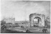 View of a Mosque and Gateway at Motijhil, Attributed to Sita Ram (Indian, active ca. 1814–23), Opaque watercolor on paper