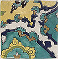 Square Tile Depicting Clouds, Stonepaste; polychrome glaze within black wax resist outlines (cuerda seca technique)