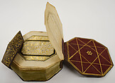 Miniature Qur'an with Box, Qur'an: Ink, gold, and opaque watercolor on paper with leather binding<br/>Box: Silver alloy