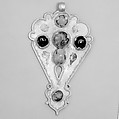 Pendant, Gold, fabricated from sheet, decorated with bitumen-highlighted incising, twisted wire, and granulation, set with garnets, turquoise, and other precious stones, probably tourmalines