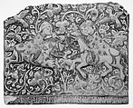 Frieze Tile with Two Hunters, Stonepaste; molded, inglaze painted in blue and turquoise, luster-painted on opaque white glaze