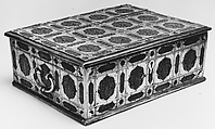 Writing Box with Lattice and Flower Design, Wood; overlaid with dyed wool, stamped silver and gilt-copper plaques