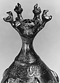 Bottle with Sprinkler Top, Quaternary alloy; cast, engraved, inlaid with silver and copper